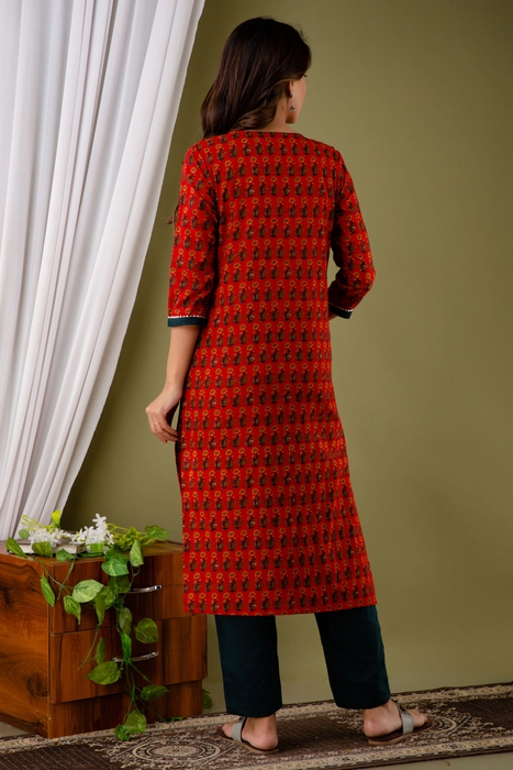 Red Cotton Floral Print Kurti With Pant K Rajasthan Handicrafts