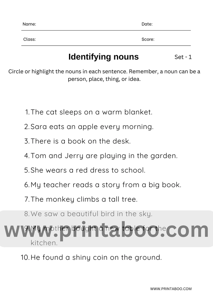 Class 1 Noun Identification Worksheet - 50 Sentences With Answers