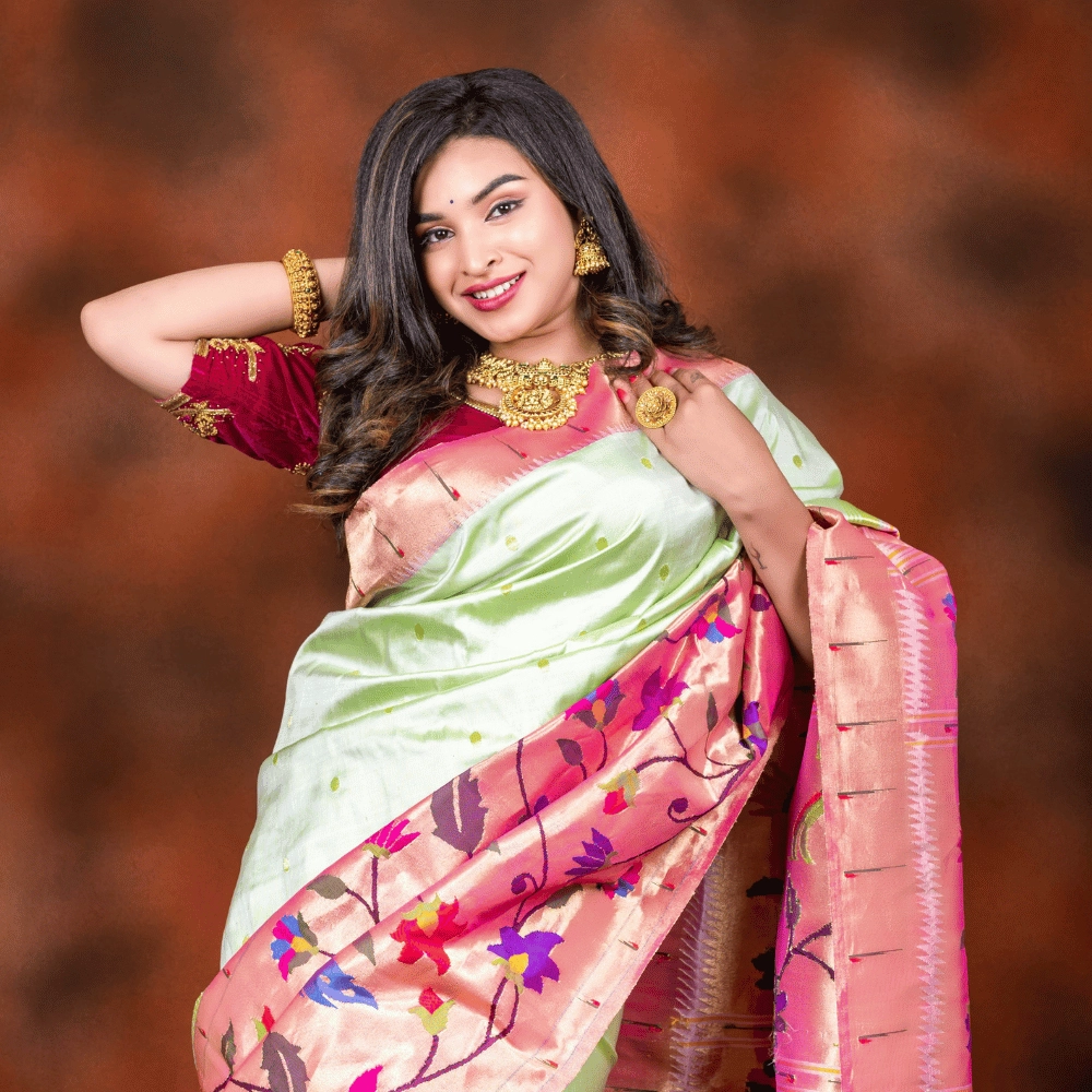 Floral Zari Motifs Coral Orange Paithani Silk Saree – Sundari Silks