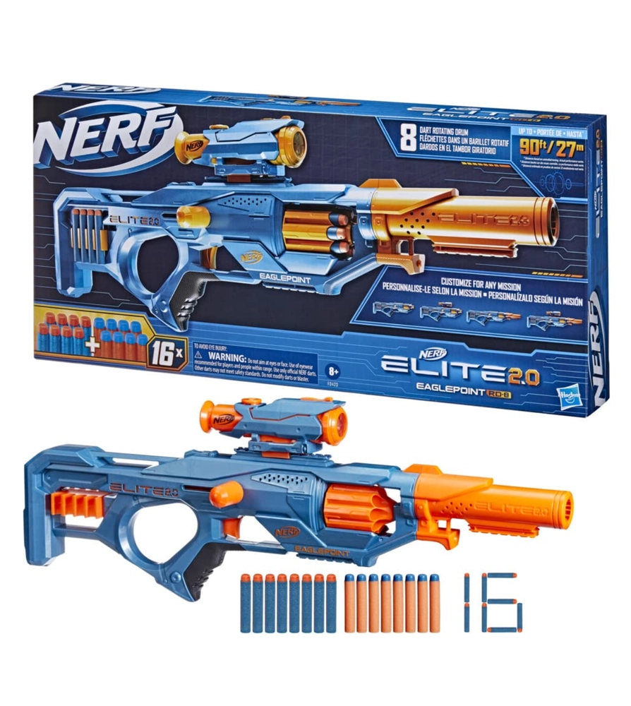 Nerf Elite 2.0 Eaglepoint RD-8 Blaster,8-Dart Drum, Detachable Scope ...