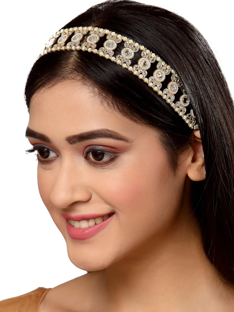 Buy Gold Plated Handcrafted Kundan And Pearl Ball Studded Hairband