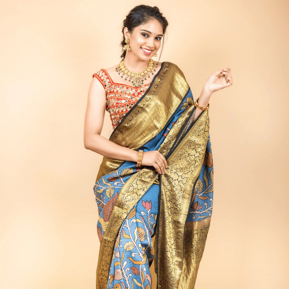 KANCHI PEN KALAMKARI SILK SAREE - Shamika Heritage