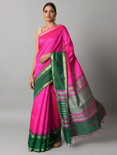 Pink Bhagalpur Handloom Silk Saree with Temple Border - Pure & Elegant –  Luxurion World