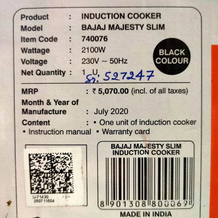 bajaj majesty slim induction cooker manual