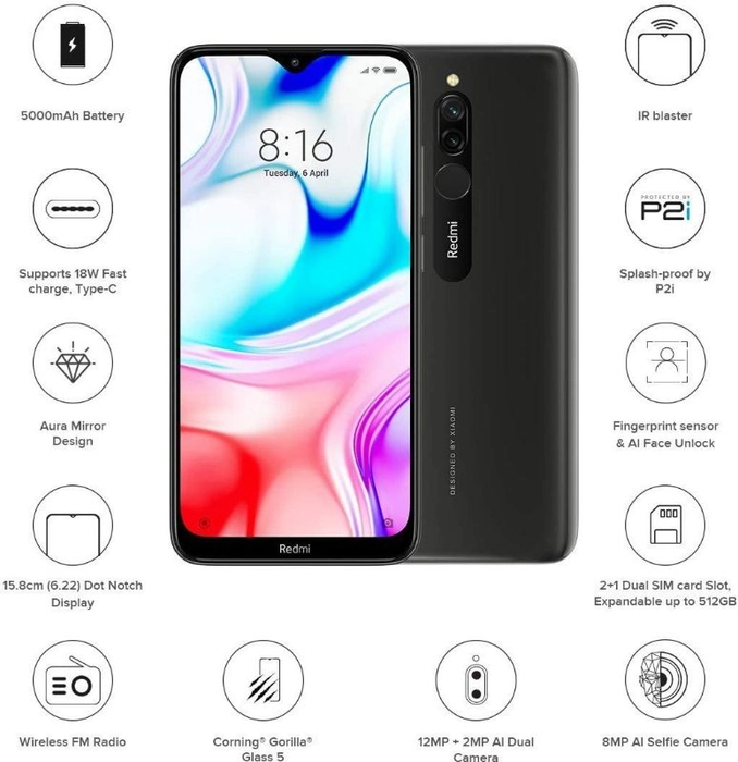 Mi Redmi 8 (Onyx Black, 4GB RAM, 64g