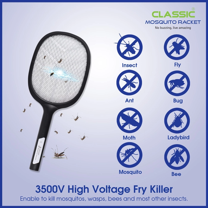 Classic Mosquito Racket Rechargeable Insect Killer Bat with UV Light, LED Light- Black (Black)