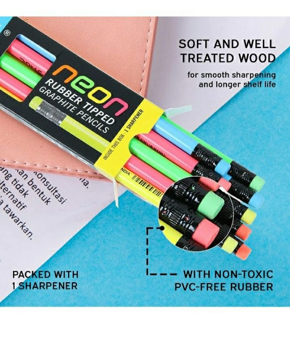 PencilDoms Neon Rubber Tipped HB/2 Graphite Pencils