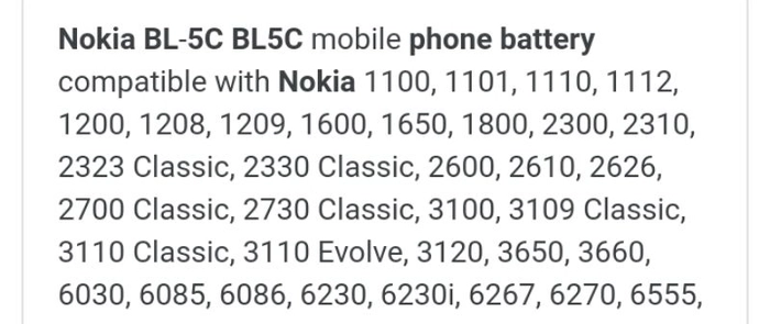 Bateria BL-5C compatible Nokia 1100, 1101, 1110, 1112, 1200, 1208, 1209,  1600, 1650, 1800, 2300, 2310, 2323 Classic 1020 mAh