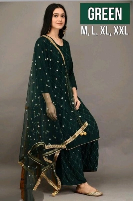 Office Kurti Plazzo And Dupatta Set With Mirror Embroidery Work