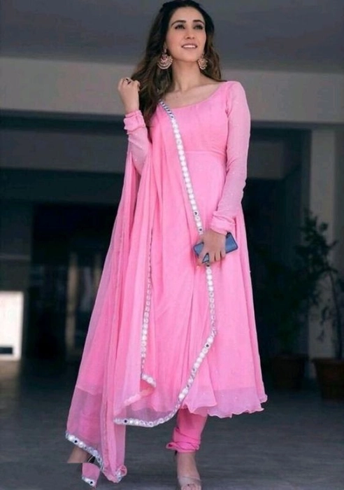 Women's Pink Georgette Stitched Embroidered Anarkali Salwar Suit (Free Size)