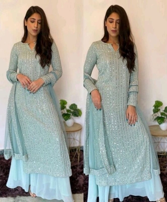 Krishna Tex Skyblue Fox Georgette with sequence Embroidered work Palazzo Suit