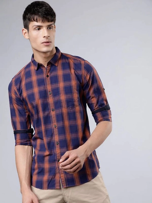 HIGHLANDER-
Men Navy Blue & Rust Slim Fit Checked Casual Shirt