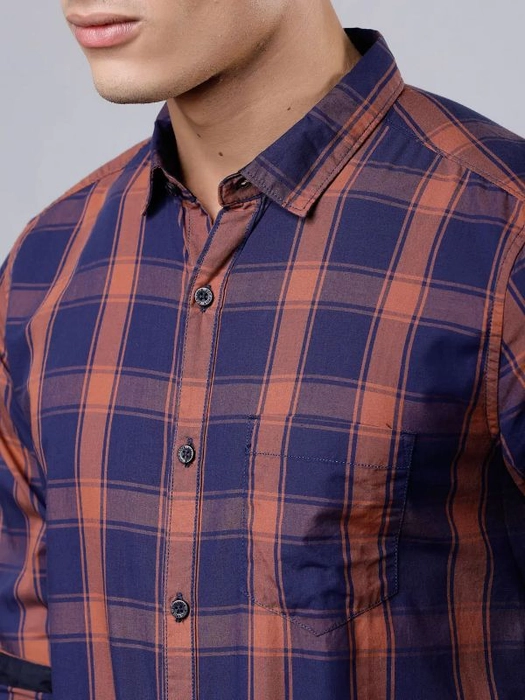 HIGHLANDER-
Men Navy Blue & Rust Slim Fit Checked Casual Shirt