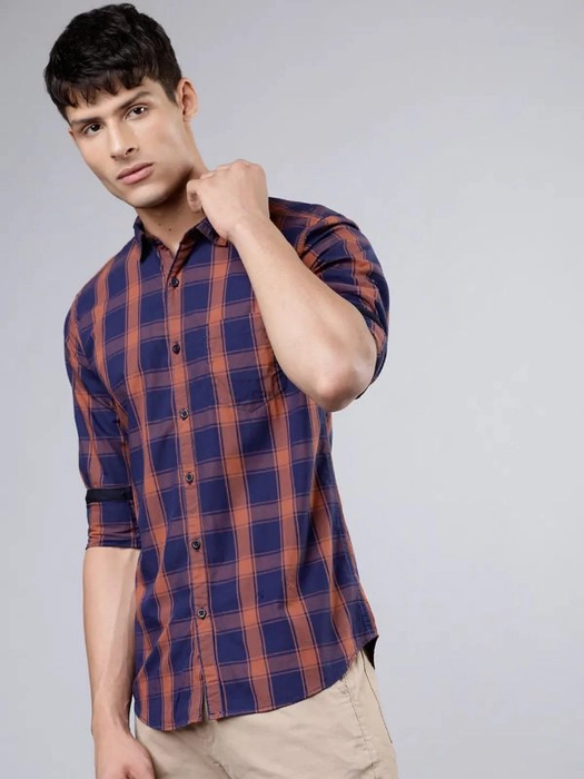 HIGHLANDER-
Men Navy Blue & Rust Slim Fit Checked Casual Shirt