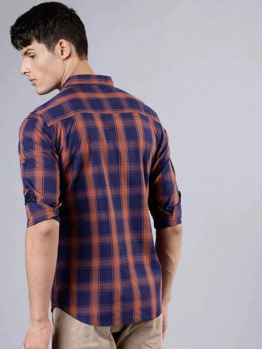 HIGHLANDER-
Men Navy Blue & Rust Slim Fit Checked Casual Shirt