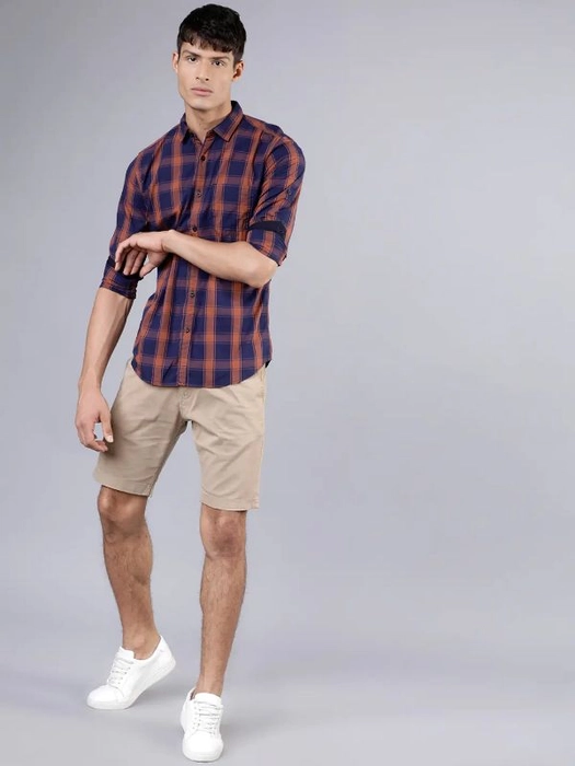 HIGHLANDER-
Men Navy Blue & Rust Slim Fit Checked Casual Shirt