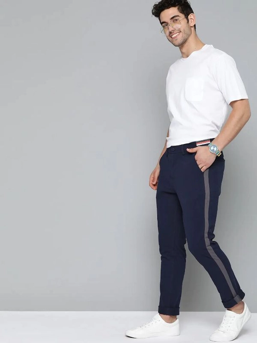 Mast & Harbour-
Men Navy Blue Pure Cotton Regular Fit Solid Regular Trousers