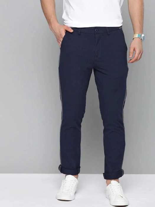 Mast & Harbour-
Men Navy Blue Pure Cotton Regular Fit Solid Regular Trousers