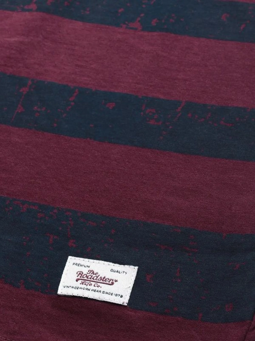 Roadster-Men Maroon & Charcoal Grey Striped Round Neck Pure Cotton T-shirt