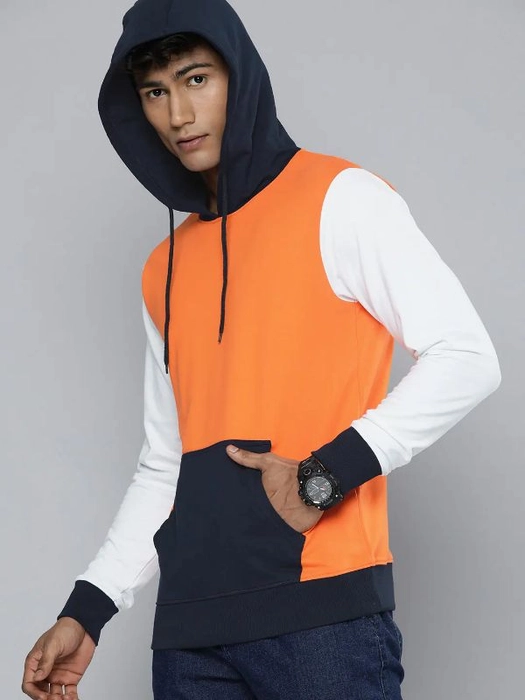 Kook N Keech-Men Orange & Navy Blue Colourblocked Hooded Sweatshirt
