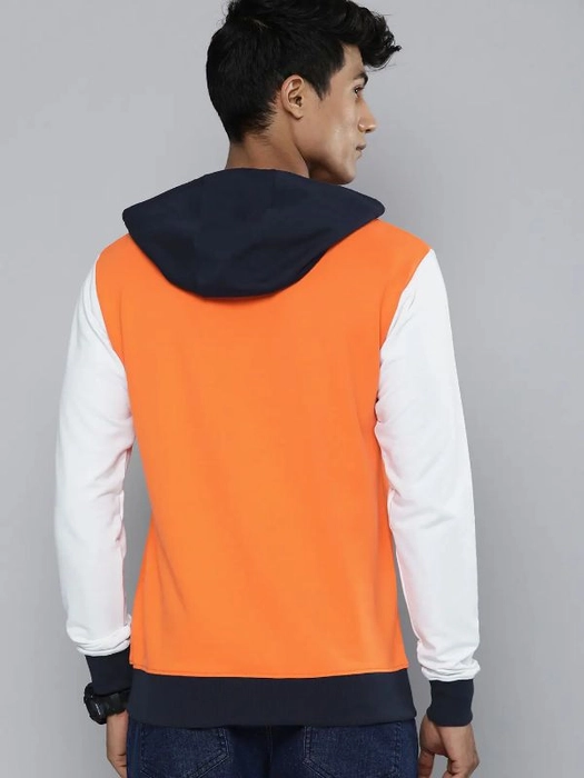 Kook N Keech-Men Orange & Navy Blue Colourblocked Hooded Sweatshirt