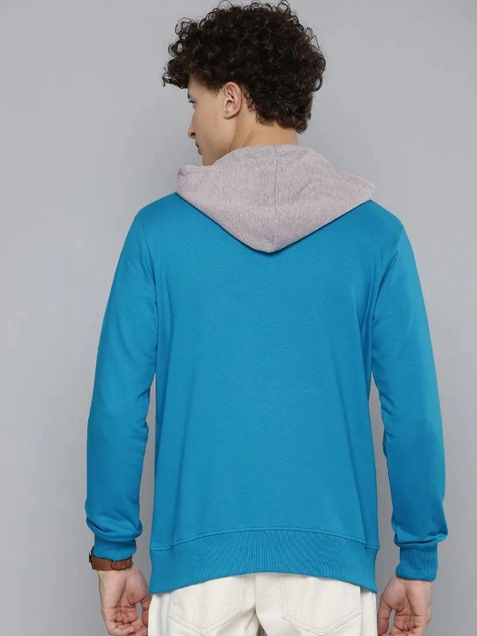 HERE&NOW-Men Turquoise Blue Printed Hooded Sweatshirt