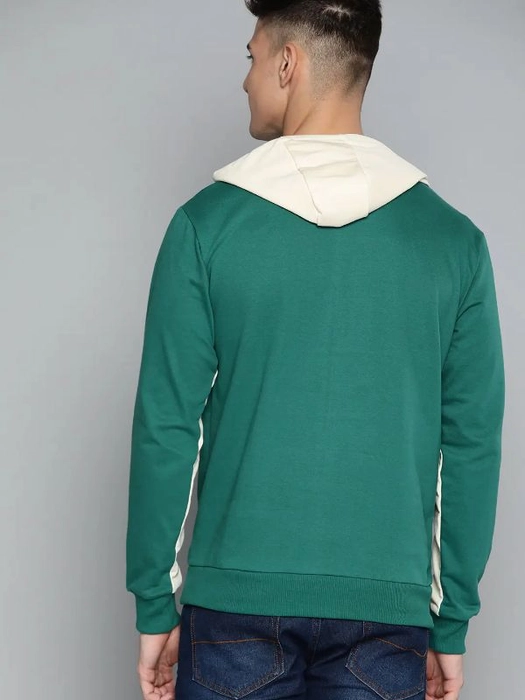 Mast & Harbour-Men Green & Off-White Colourblocked Hooded Sweatshirt