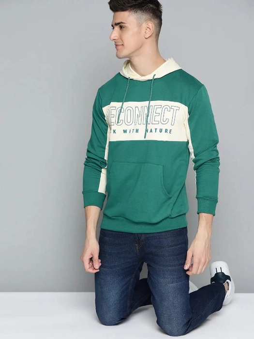 Mast & Harbour-Men Green & Off-White Colourblocked Hooded Sweatshirt