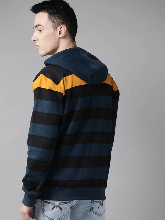 Roadster-Men Teal Blue & Black Striped Hooded Sweatshirt