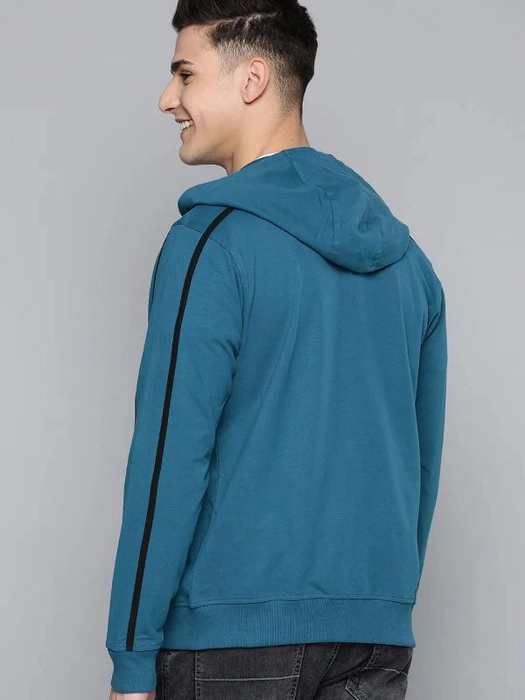 Mast & Harbour-Men Teal Blue Pure Cotton Hooded Sweatshirt