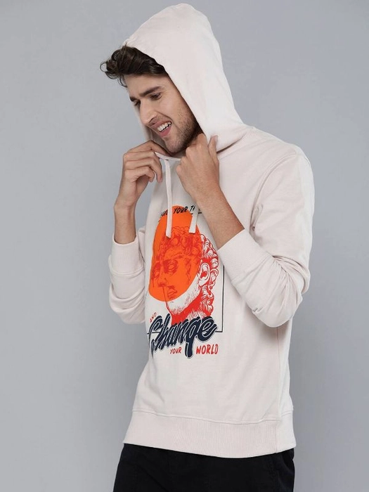 HERE&NOW-Men Beige Printed Hooded Sweatshirt