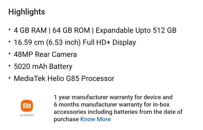 Redmi Note 9  4 Gb Ram 64 Gb Rom