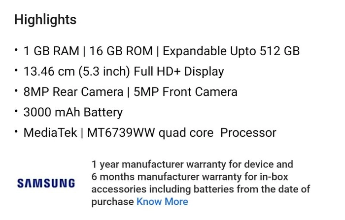Samsung M01 Core  1 Gb Ram 16 Gb Rom
