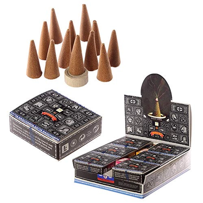 Satya Super Hit Incense Cones 12 Pkt of 12 Dhoop Cones Each (Total 144 Dhoop Cones| Incense Cones) with Stand