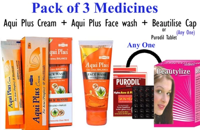 Aqui Plus (Cream + face Wash) + Profile Tablet Or Beautilize Capsule(Any One) - Pack Of 3 Med.