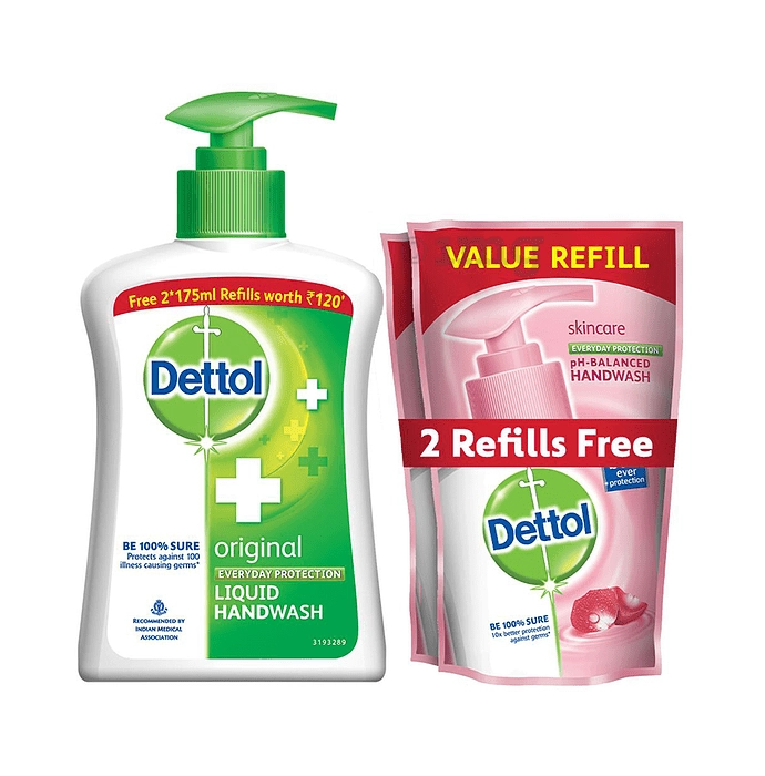 Dettol Original Liquid Handwash 200ml with 2 Skincare Handwash Refill Free (175ml Each)