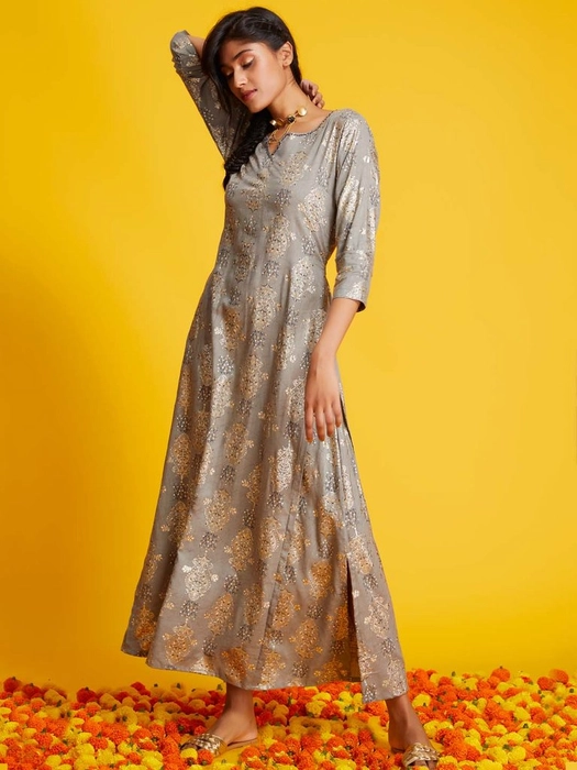 RAISIN Grey Printed Rayon A-Line Dress