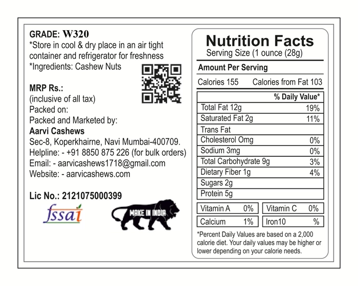 100% Natural Premium Quality Whole Cashews W400