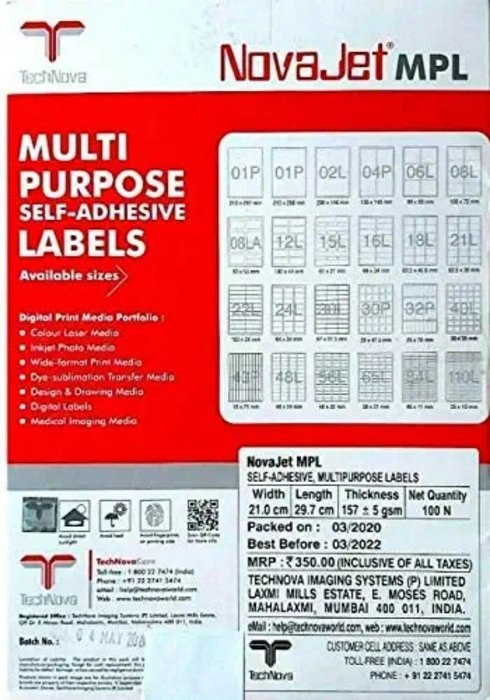 NOVAJET 8 Labels (Per A4 Size Sheet) Multi Purpose Self Adhesive Labels (100 Sheets)