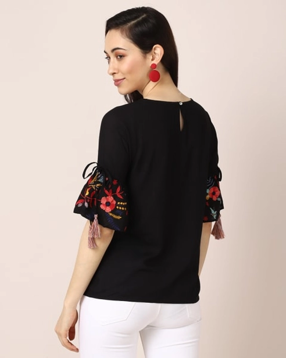 Bell & Butterfly Sleeves Embroidered Top For Women