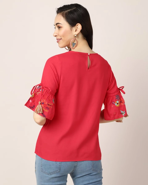 Bell & Butterfly Sleeves Embroidered Top For Women