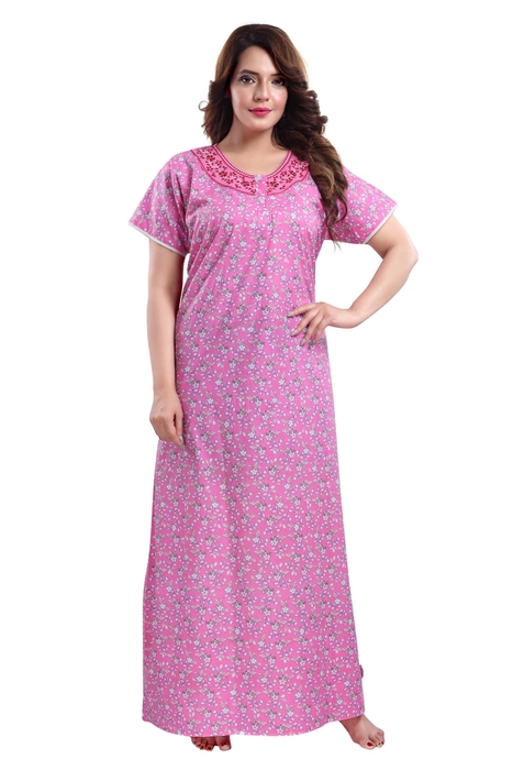 Cotton Boat Neck Embroidered NightGown for Women