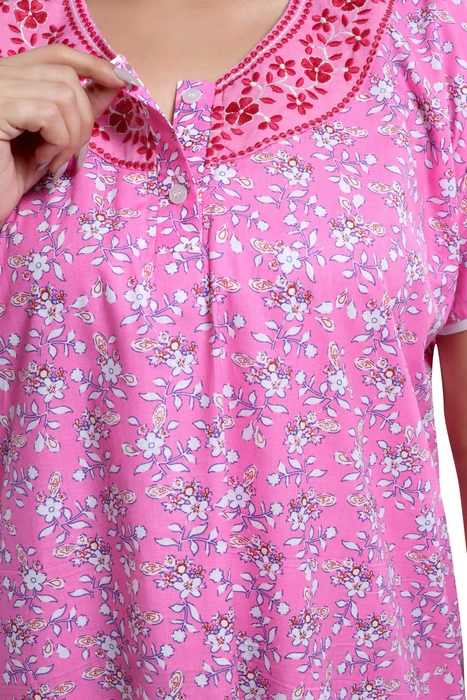 Cotton Boat Neck Embroidered NightGown for Women