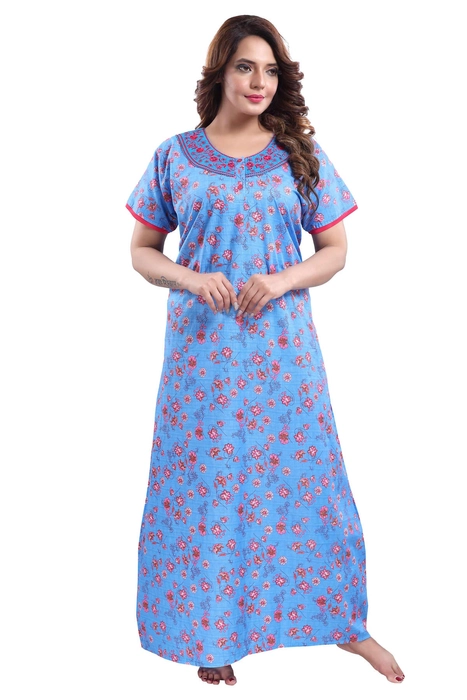 Cotton Boat Neck Embroidered NightGown for Women