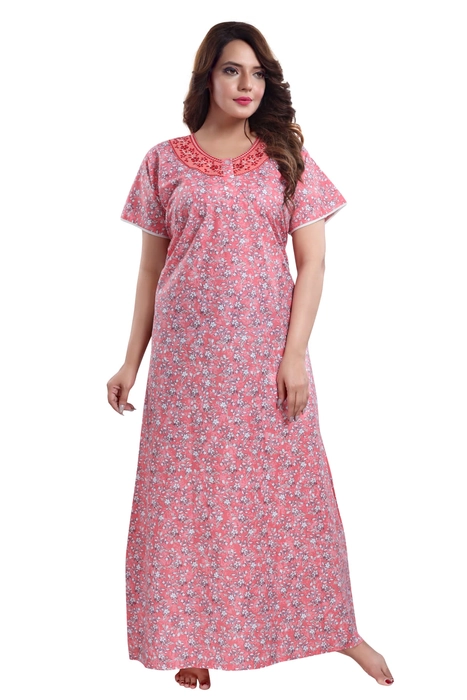 Cotton Boat Neck Embroidered NightGown for Women
