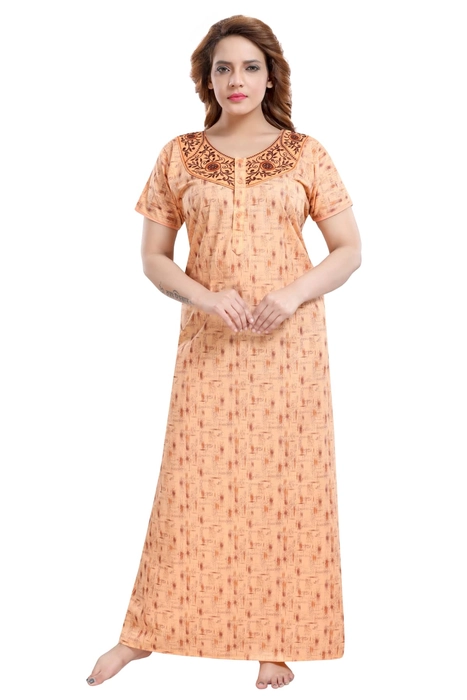 Cotton Boat Neck Embroidered NightGown for Women