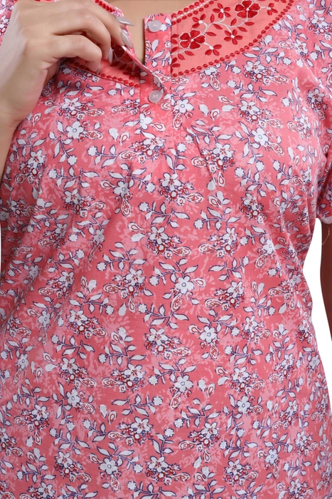Cotton Boat Neck Embroidered NightGown for Women