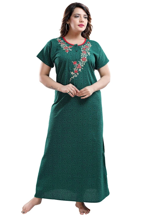 Cotton Boat Neck Embroidered StraightCut NightGown for Women