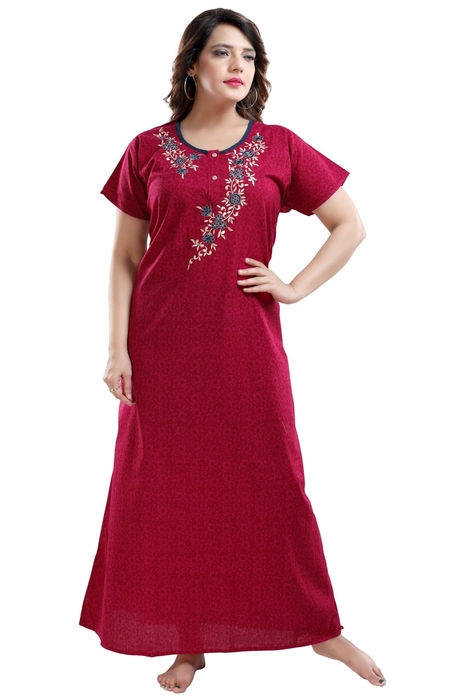Cotton Boat Neck Embroidered StraightCut NightGown for Women