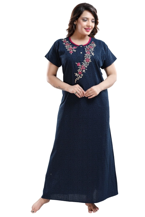 Cotton Boat Neck Embroidered StraightCut NightGown for Women